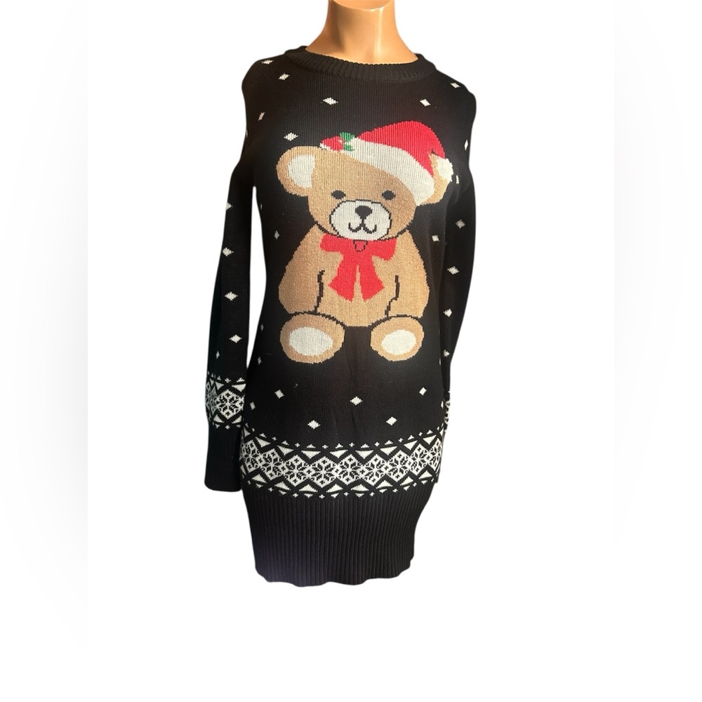 Tipsy Elves Black Holiday Sweater Dress with Teddy Bear in Santa Hat
